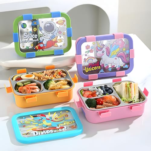 Image of Kids Tiffin Box Stainless Steel Lunch Box for School Boys & Girls | Leakproof Bento Lunch Box with 3 Compartments | Food Grade 304 Steel | Lunch Box for Kids School, Snacks & Office Use 700ML