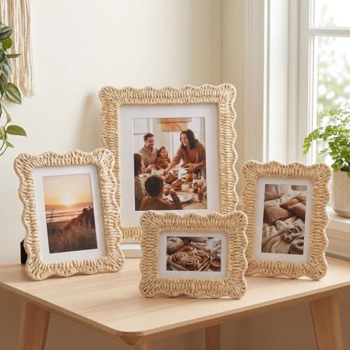 Kathfly Boho Picture Frames Set of 4 Rattan Scalloped Picture Frame Woven Handmade Photo Frames for Bohemian Wall Decor Tabletop Display Home Decor Gift (3.5 x 5 4 x 6 5 x 7 8 x 10)
