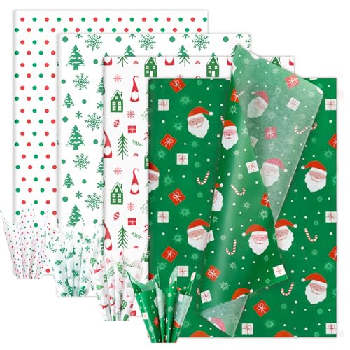 Larcenciel 60 Hojas Papel Seda Navidad, Clásico Rojo y Verde Papel de Seda para Envolver, Mate Papel de Regalo de Papá Noel Árbol de Navidad Lunares para Decoracion Navidad, Fiesta, Año Nuevo,50x35cm