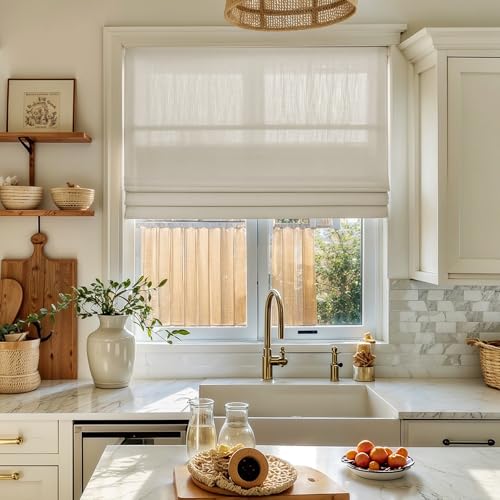 Image of TWOPAGES Isabella No Drill Cordless Roman Shade Linen Textured Cotton Roman Blind for Windows, Custom Made Room Darkening Blackout Roman Window Shade, Hardware Included, Gardenia, 1 Piece