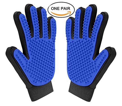 Pet Grooming Glove - Gentle Deshedding Brush Glove - Efficient Pet Hair Remover Mitt - Enhanced Five Finger Design - Perfect for Dog & Cat with Long & Short Fur - 1 Pair