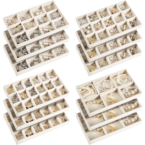 Junkin 12 Pcs Jewelry Tray Velvet Stackable Jewelry Organizer Trays Divided Earring Accessories Storage Containers Box(Beige)
