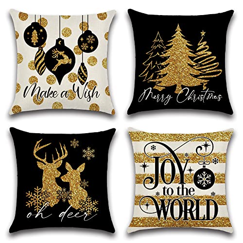 OTOSTAR Gold Christmas Pillow Covers 16x16 Set of 4 for Christmas Decorations Black Golden Elk Christmas Tree Christmas Pillows Throw Pillows Winter Holiday Decor Throw Cushion Case for Home Couch Cover