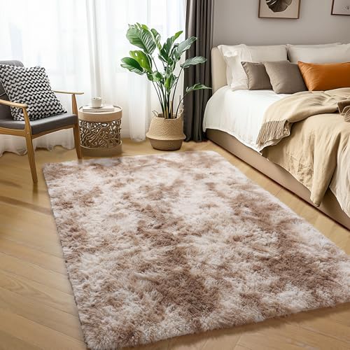 Amdrebio Tie-Dyed Beige Area Rugs for Bedroom Kids Room, 5x7 Cute Fluffy Plush Shaggy Rug for Living Room Decor Aesthetic, Soft Furry Fuzzy Neutral Tan Carpet for Baby Nursery Playroom Preppy Dorm