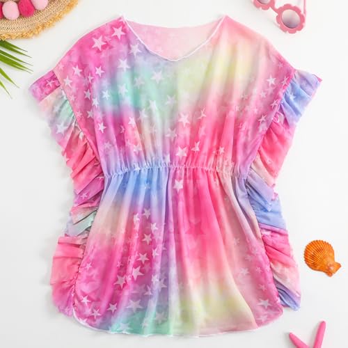 Image of Little Girl Beach Cover Up Dress Ruffle Sleeves Mermaid Scale Swimsuit Cover Up Kids Bathing Suit
