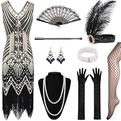 XCMVCN 12 Pezzi Vestito Anni 20 Donna Gatsby Vestito Cocktail Vestito con 20s Accessori per Carnevale Costume (Nero + Oro,S)