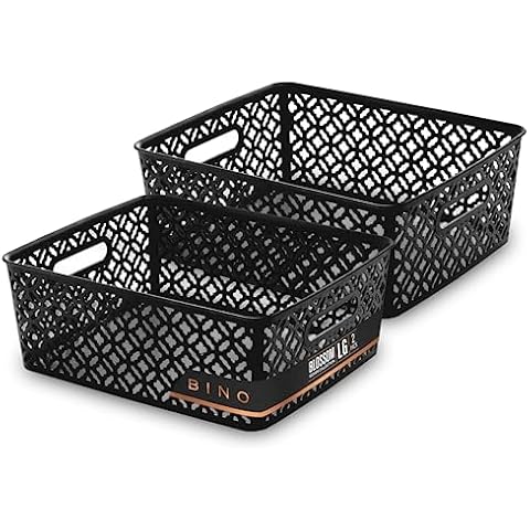 BINO l Plastic Storage Baskets, Large - Black | THE BLOSSOM COLLECTION l Multi-Use Organizer Bin l Built-in Handles l Plastic Woven Basket for Organizing l Pantry & Home Organizing Basket Cover