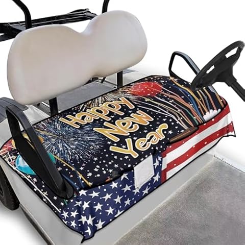 Tupalatus Happy New Year Golf Cart Seat Covers Universal Fit for Most Club Car Golf Cart with 4 Front Pockets Nonskid Bottom Easy to Install Golf Blanket Portable Suitable for All Seasons Cover