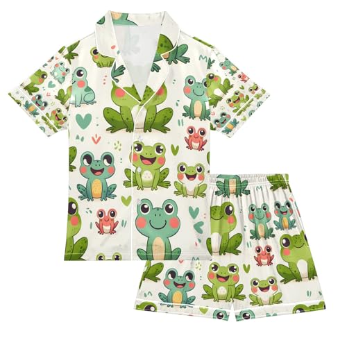 senya Cute Frogs Happy Satin Summer Pajama Sets Silk Short Sleeve Button Down Sleepwear