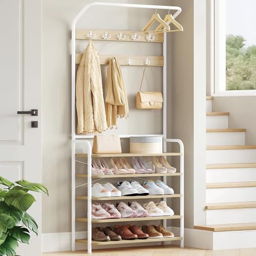 Hzuaneri Meuble d'Entrée, Porte-Manteau avec Porte-Chaussures, 5 Niveaux de Rangement, 9 Crochets, 1 Barre, 30 x 78,5 x 195 cm, Autonome pour Couloir,...
