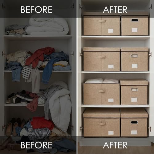 Image of PRANDOM Storage Bins with Lids [3-Pack] Jute Fabric Foldable Storage Boxes Organizer Containers Baskets Cube with Cover for Home Bedroom Closet Office Nursery khaki（23.4X15.9X11.5
