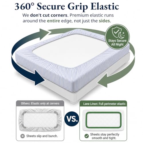 Image of LANE LINEN Cotton Fitted Bedsheet King Size - Ticking Stripe Cobalt Blue | GOTS Certified, Percale Weave, 78x72 inches, Fits Upto 12 inch Mattress, Soft, Breathable, Washable, 2 Pillow Covers