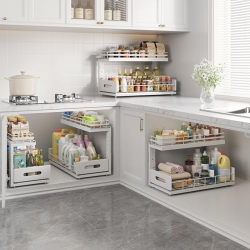 Image of Under Sink Organizer Upgrade To Professional Rails,2-Tier Dual Pull Out Cabinet Storage,Height Adjustable Slide Out Drawers For Bathroom Kitchen,2 Pack-18.5 inchDx12.8 inch-16.9 inchH,White