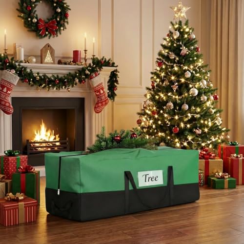 Image of Christmas Tree Storage Bag, Fits 8 Ft Artificial Trees, Green | Wide Dual-Zipper Opening, Reinforced Handles, Clear Label Pocket, Tear-Resistant 600D Oxford, Dust and Moisture Protection