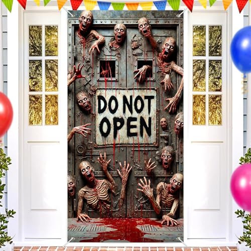 Image of BlissYard Halloween Door Cover Keep Out Zombie 71 x 35 Inch | Polyester, Zombie Hands Design, Haunted House Door Decor, Front Porch, Wall, Party and Photo Backdrop