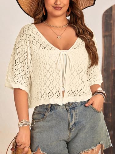 Image of Women's Plus Size Crochet Cardigan Crop Short Sleeves Tie Front Lightweight Knitwear