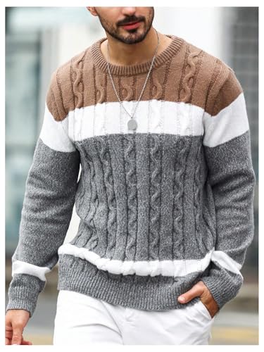 Verdusa Men's Striped Color Block Sweater Crew Neck Long Sleeve Chunky Knit Casual Pullovers3