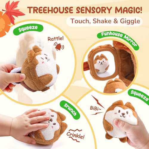 Image of JoyCat Baby Toys 6-12 Months - Soft Baby Treehouse with 5 Sensory Squirrels - Rattle, Crinkle Paper, Squeaker, Mirror, Busy Montessori Soft Toys for Toddlers 0-3 Years Old - Easter Basket Stuffers
