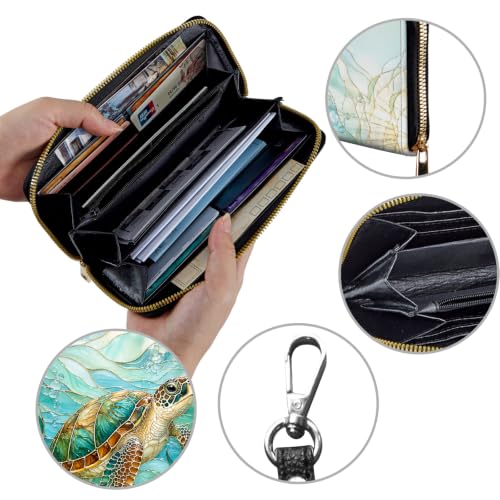 Image of Women's Wallets Credit Card Holder Money Leather Long Wallet | Long wallet with Wristlet,Large Capacity with Zip-Around Phone Purse for Women Ladies Girls,Sea Turtle Coastal