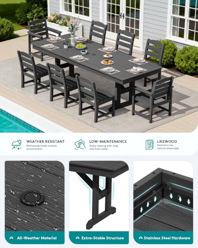 Image of SERWALL 9 Piece 84 inch HDPE Outdoor Dining Set with 6 Armless Chairs, 2 Armchairs and Umbrella Hole for 8, Black