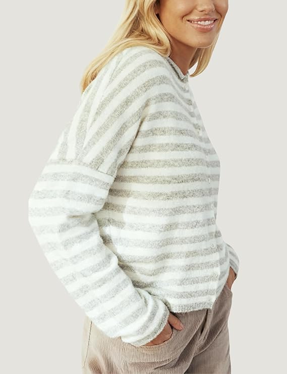 Esmeling Women Button Down Striped Cardigan Crew Neck Long Sleeves Sweater Open Front Knit Outerwear - Image 3