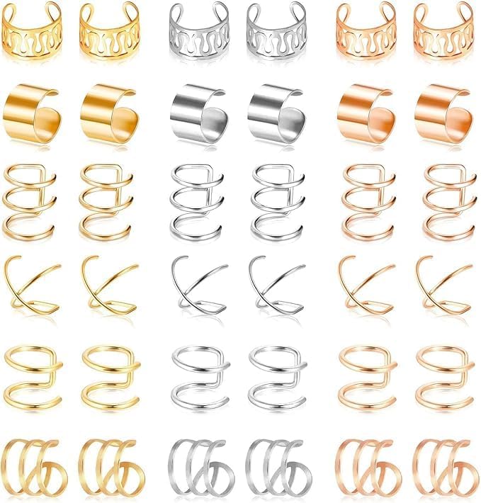 36-Pack Hair Accessories for Ramadan Eid Mubarak, Hair Braids & Dreadlock Beads for Women Men, Non-Piercing Ear Clip & Beard Cuffs, Gold Silver Rose Gold