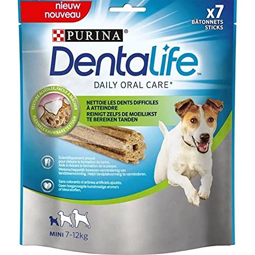 Purina DentaLife Bâtonnets pour Chiens Mini 7 à 12kg Texture Alvéolée Facile à Mâcher 115g (Lot de 8 sachets)