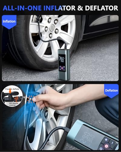 Image of Tire Inflator Portable Air Compressor: Cordless Air Pump for Car Tires 150PSI - Tire Pump with Pressure Gauge for Car Bike Motorcycle Balls (Grey Blue)
