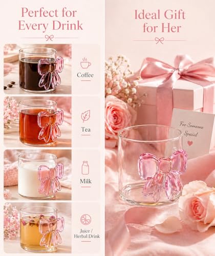 Image of Cute Bow-Shaped Glass Coffee Mug, Heat-Resistant Clear Glass Tea Cup with 3D Ribbon Design, Aesthetic Drinkware for Coffee, Tea, Gift for Girls & Women (300ml) (1-PCS)