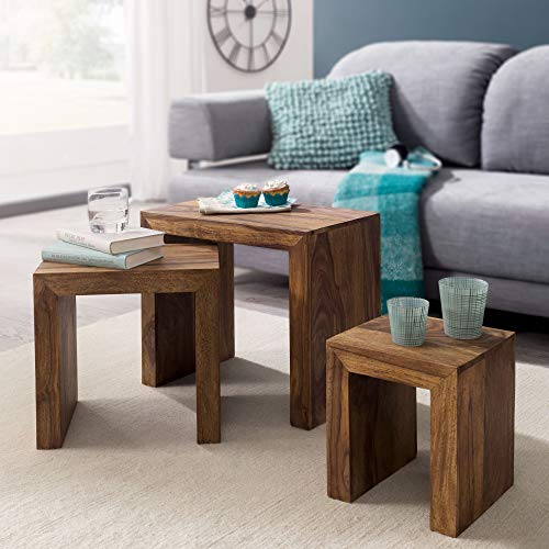 FineBuy Juego de mesas auxiliares de 3 Piezas Madera Maciza | Mesas de Centro Marrón | Mesas Modernas para el salón Cover