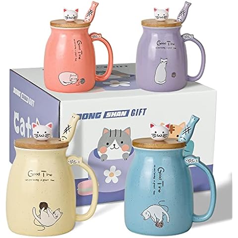 Cute Cat Mug Set with Bamboo Lid Cover