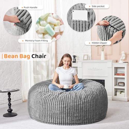 Image of HABUTWAY 4FT Bean Bag Chair, 4' Large Bean Bag Chairs for Adults with Removable Stripe Plush Cover, Memory Foam Beanbag Chair for Living Room Bedroom Dorm (Grey)