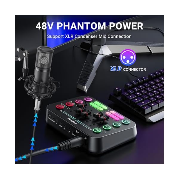 Gaming Audio Mixer Interface PC Sound Board with Denoise, Bluetooth,RGB, Mute Button, 48V Phantom Power XLR Microphone Interface for Live Streaming, Podcast, Recording, Vocal, Game Voice - Image 3