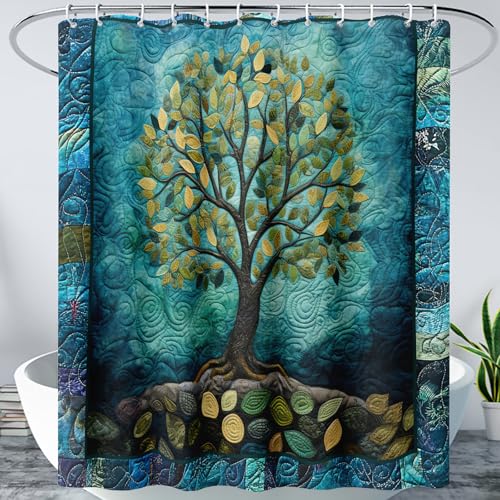 AILONEN Kids Tree of Life Shower Curtain,Green Leaves Printed Waterproof Bath Curtain for Adults,Boho Vintage Tree of Life Blue Bathroom Decor + Plastic Hooks, 72
