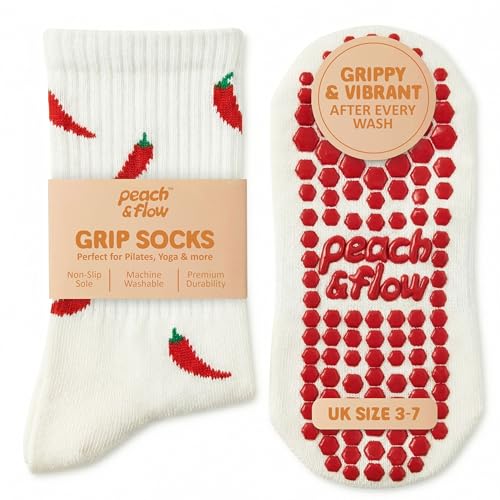 Peach & Flow Cute Pilates Grip Socks for Women | Non-Slip Reformer Yoga & Barre Socks | UK Size 3-7 Multiple Unique Styles (Chillis)