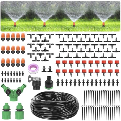 360° Adjustable Irrigation System Kit - 16 Adjustable Nozzles with 40m/131FT Fast-Lock Tubing, Automatic Drip Watering System for Garden, Greenhouse, Patio & Indoor Plants (158-PCS Complete Set)