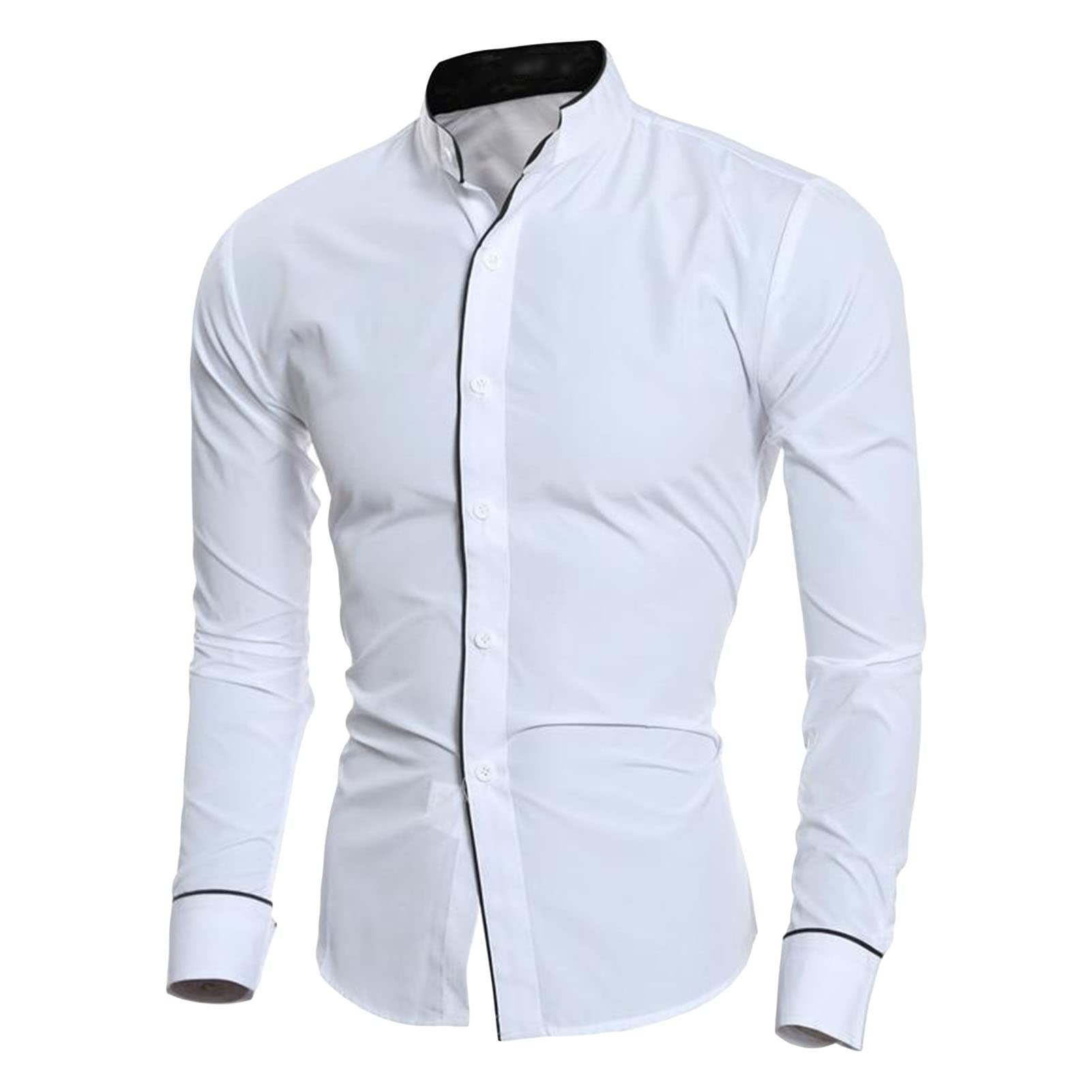 Men's Long Sleeve Stylish Shirts Casual Solid Color Stand Collar Shirts Classic Plain Button Down Dress Shirt (White,X-Large)