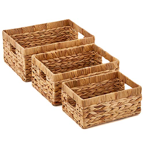 EZOWare Set of 3 Natural Water Hyacinth Wicker Baskets, Natural Storage Organizer Nesting Boxes with Handle - Mixed Size For Home Decoration Gift - Thumbnail 7