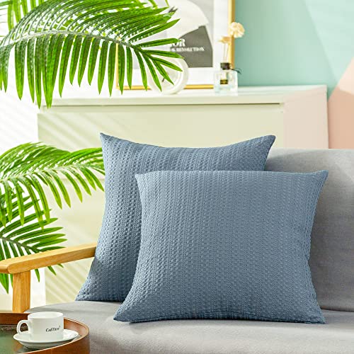 CaliTime Throw Pillow Cases Pack of 2 Waffle Weave Textured Soft Cushion Covers for Couch Sofa Home Farmhouse Decoration 18 X 18 Inches Smoke Blue