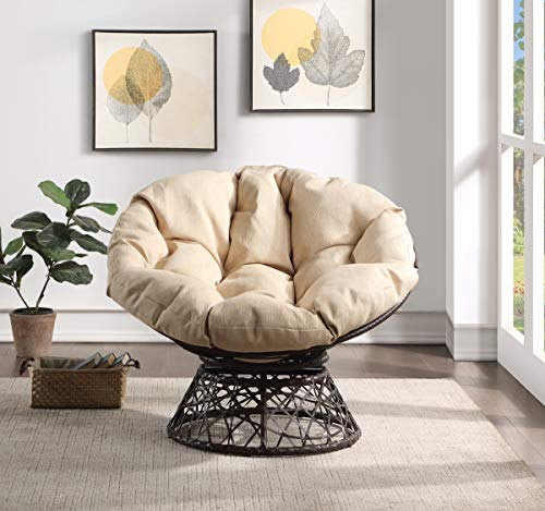 Image of OSP Home Furnishings Wicker Papasan Chair with 360-Degree Swivel, Brown Frame with Cream Cushion