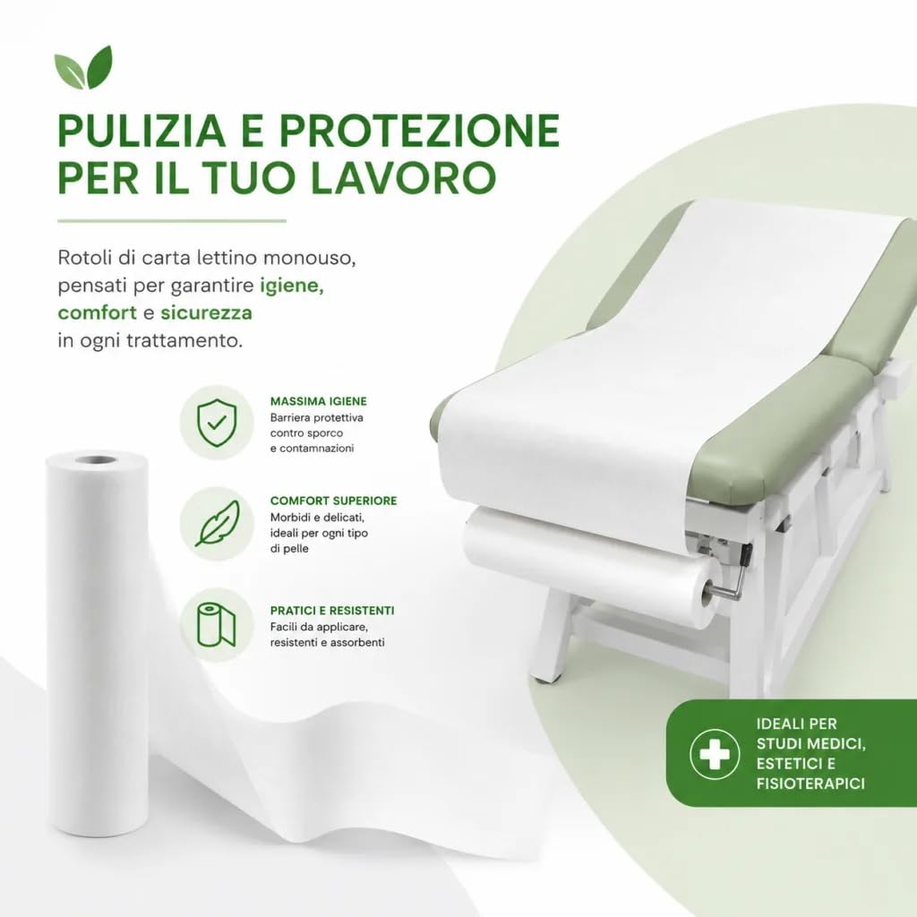 Lenzuolino Medico Monouso Rotolo Carta Lettino 12 Rotoli 60cm x 80mt - 2 Veli Microincollato, Studi Medici, Centri Estetici, Fisioterapia - LEN SERVICE