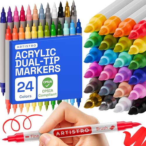 ARTISTRO Acrylic Paint Markers for Fabric, Rock, Wood, Glass, Craft - 24 Quick Dry Dual-Tip Fabric Paint Pens for Halloween Decorations - Pumpkin Painting Kit, Art Supplies, Christmas Gift