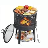 SHIYISHOPPIN Outdoor Fire Pit with Grill, Fire Pits for Outside Wood Burning with Spark Screen Cover, Slide-Out Ash Drawer, Portable Charcoal Grill Firepits for Camping, Patio, Backyard BBQs