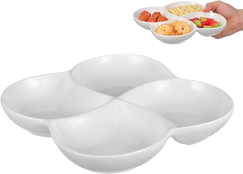 BESTonZON 4 Compartment Ceramic Serving Platter White Flower Porcelain Snack Dish for Appetizers Dips Nuts Nibbles Divided Food Tray for Parties Afternoon Tea 22 cm x 22 cm Plate Bowl