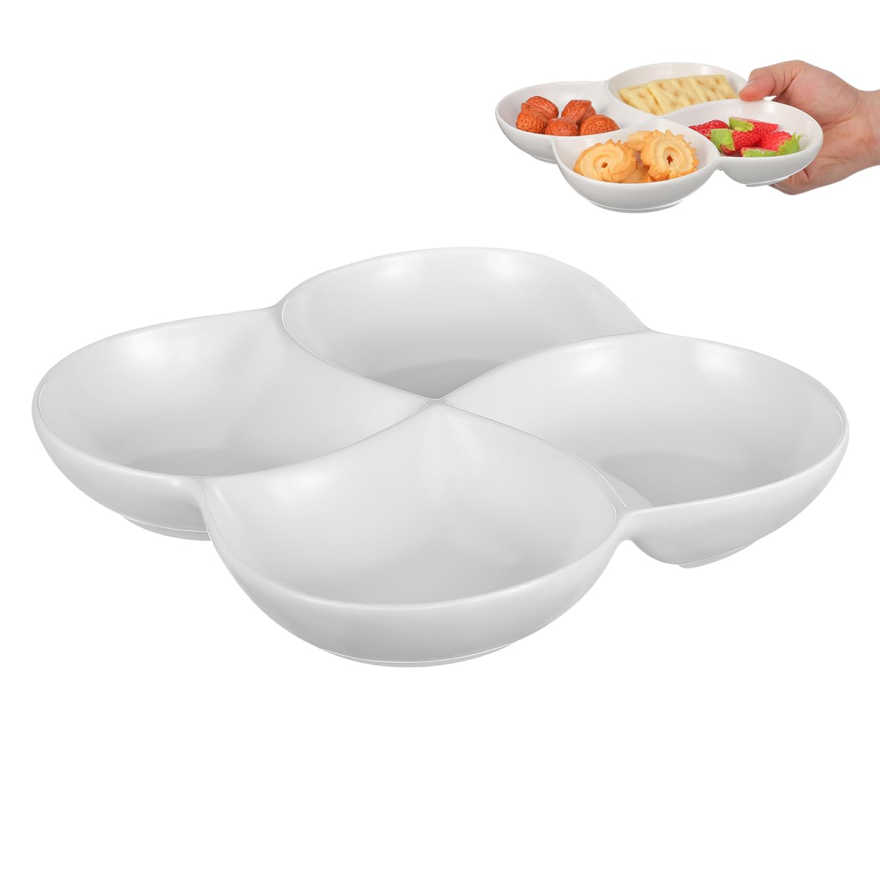 MOLUCKFU Ceramic Compartment Food Plate 4 Section Serving Tray 8.66In Divided Snack Dessert Dish Ceramic Snack Platter for Salad Candy Cake Office Canteen School Use