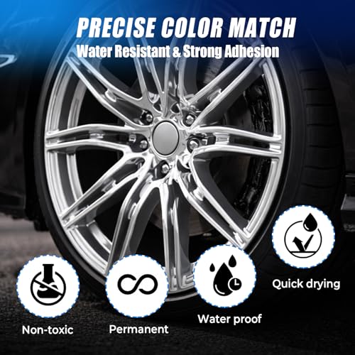 Image of Silver Rim Touch Up Paint, 2-in-1 Brush & Tip, 0.4 fl oz - Universal Silver Rim Curb Rash Repair Kit for Scratches, Scuffs Alloy /Metal Wheels, OEM Color Match, Quick-Dry & Long-Lasting