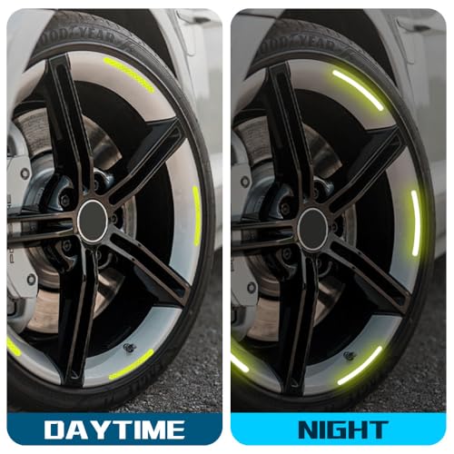 Image of 20PCS Reflective Car Wheel Decorative Stripe Stickers, Reflective Car Decal, Anti-Scratch Reflective Rim Stickers, Night Safety Warning Car Stickers Universal for Vehicles Motorcycles (Green)