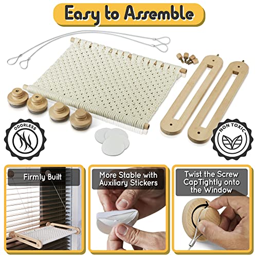 Marunaru Cat Bed Window Hammock For Indoors - Handmade Macrame Material For Comfort And Durability - Breathable Large Cat Window Perch Design - Includes Sturdy Suction Cups - Easy Assembly #TOP3