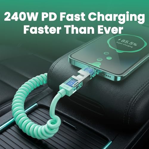Image of Verilux 4-in-1 Spring Coiled USB to Type C Cable for iPhone 17 /16 /15 /14, PD 240W Type C Cable Fast Charging with 480Mbps Data Transfer, Fashion Retractable Lighting Cable Design for Home, Car, Green