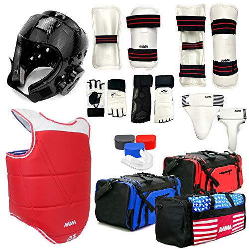 AAMA Complete Taekwondo Sparring Protective Gear Equipment Set w/Shin, Hand, and Foot Guard - Black